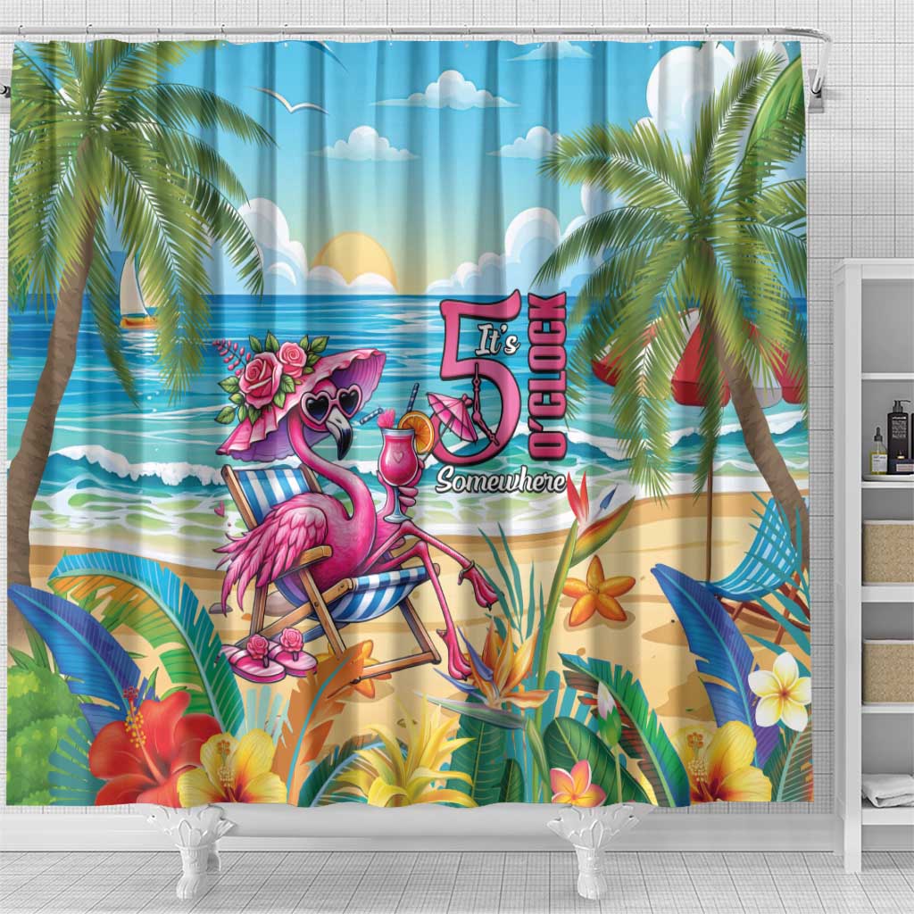 Flamingo Aloha Hawaii Shower Curtain It's 5 O’Clock Somewhere Tropical Vibes - Polynesian Pride