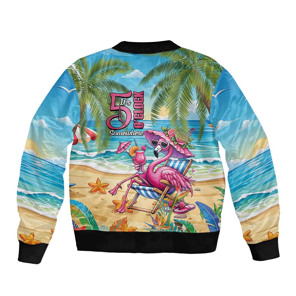 Flamingo Aloha Hawaii Sleeve Zip Bomber Jacket It's 5 O’Clock Somewhere Tropical Vibes - Polynesian Pride
