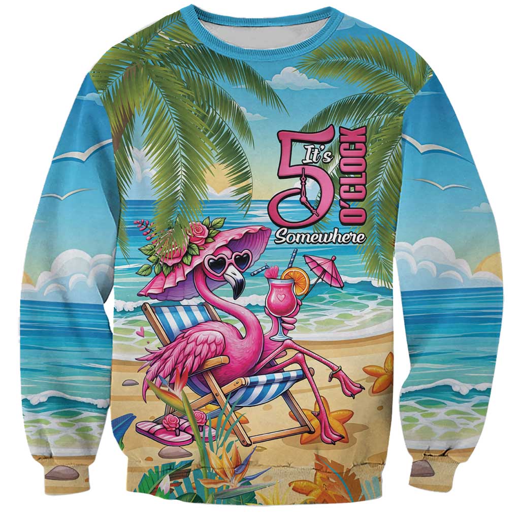 Flamingo Aloha Hawaii Sweatshirt It's 5 OClock Somewhere Tropical Vibes LT14 Unisex Blue - Polynesian Pride