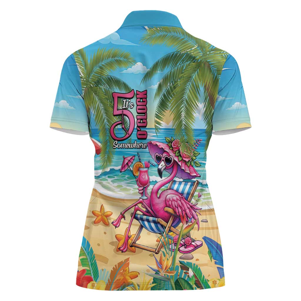 Flamingo Aloha Hawaii Women Polo Shirt It's 5 O’Clock Somewhere Tropical Vibes - Polynesian Pride
