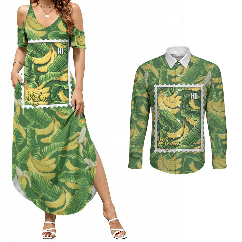 Aloha Hawaii Maia Couples Matching Summer Maxi Dress and Long Sleeve Button Shirt Hawaiian Banana Stylized Stamp LT14 Green - Polynesian Pride