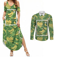 Aloha Hawaii Maia Couples Matching Summer Maxi Dress and Long Sleeve Button Shirt Hawaiian Banana Stylized Stamp LT14 Green - Polynesian Pride