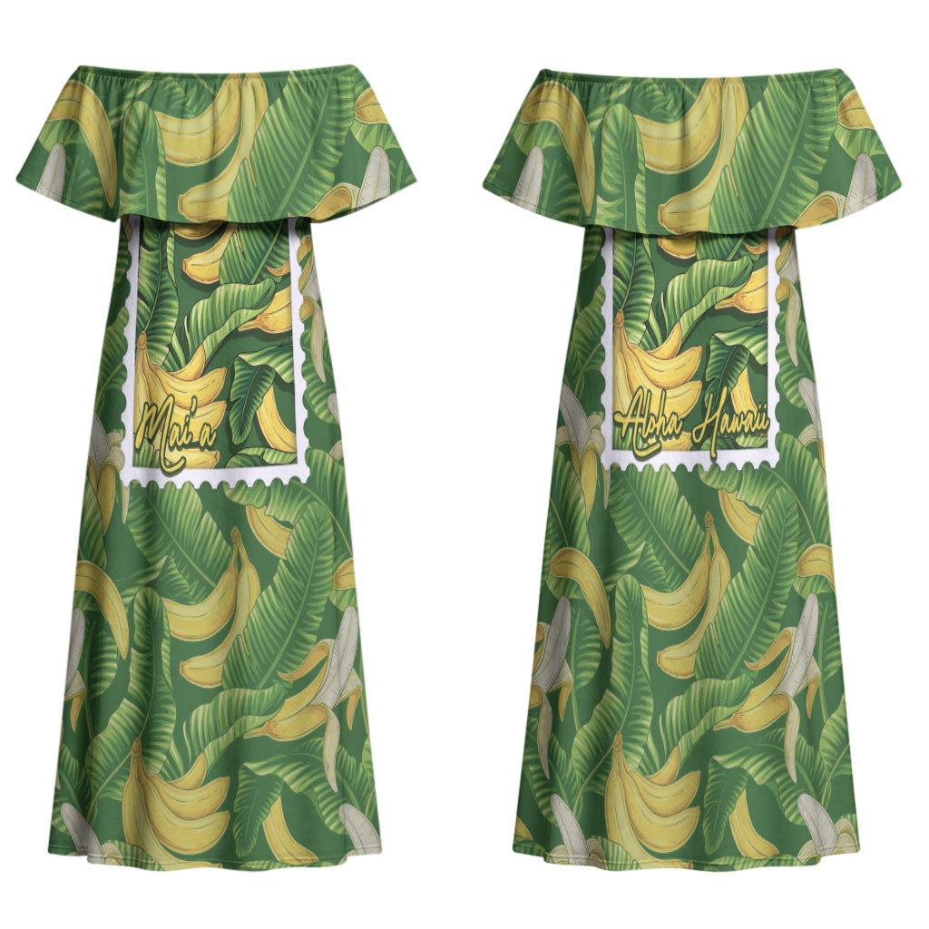 Aloha Hawaii Maia Family Matching Off Shoulder Maxi Dress and Hawaiian Shirt Hawaiian Banana Stylized Stamp LT14 Mom's Dress Green - Polynesian Pride