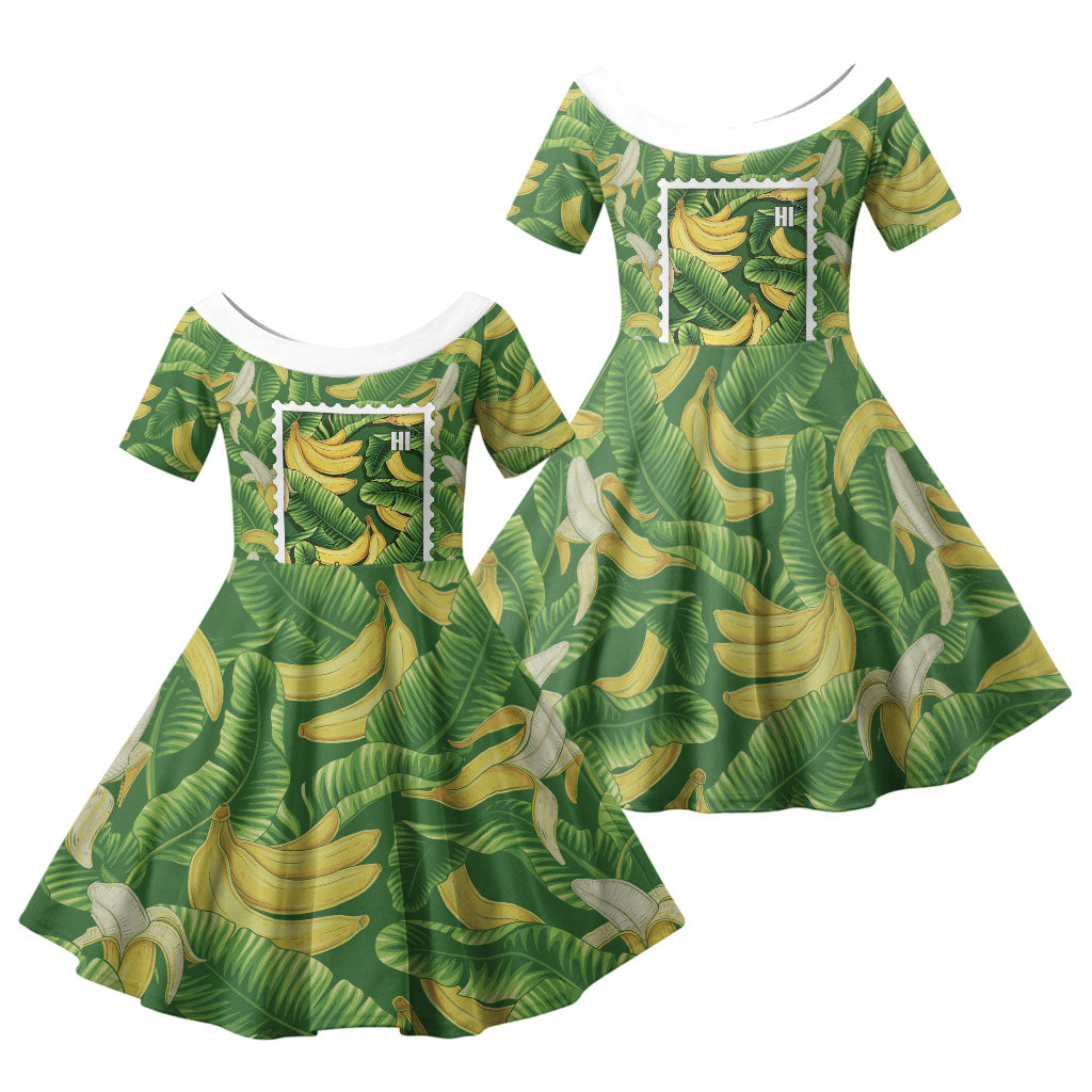 Aloha Hawaii Maia Family Matching Off Shoulder Maxi Dress and Hawaiian Shirt Hawaiian Banana Stylized Stamp LT14 Daughter's Dress Green - Polynesian Pride