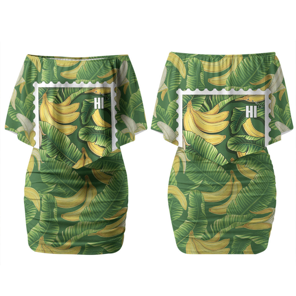 Aloha Hawaii Maia Family Matching Off Shoulder Short Dress and Hawaiian Shirt Hawaiian Banana Stylized Stamp LT14 Mom's Dress Green - Polynesian Pride