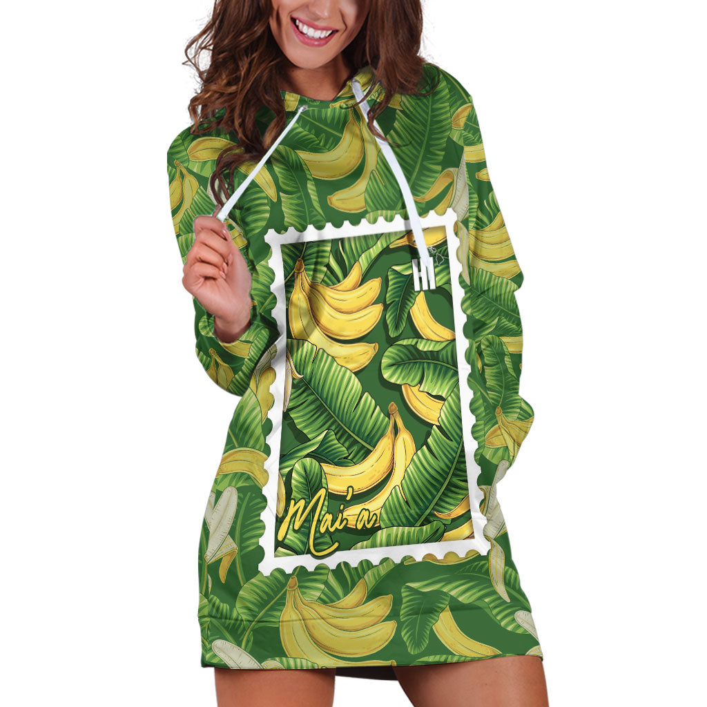 Aloha Hawaii Maia Hoodie Dress Hawaiian Banana Stylized Stamp LT14 Green - Polynesian Pride