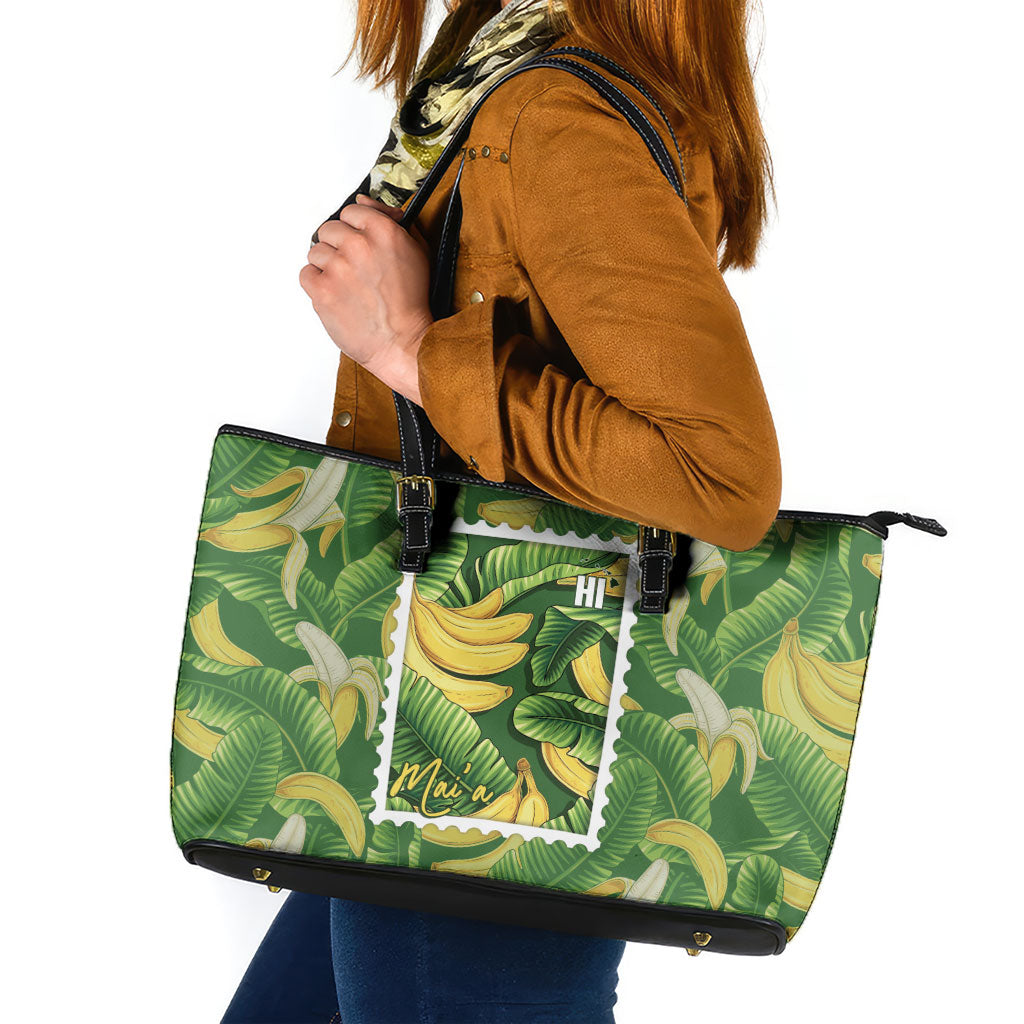 Aloha Hawaii Maia Leather Tote Bag Hawaiian Banana Stylized Stamp LT14 Green - Polynesian Pride