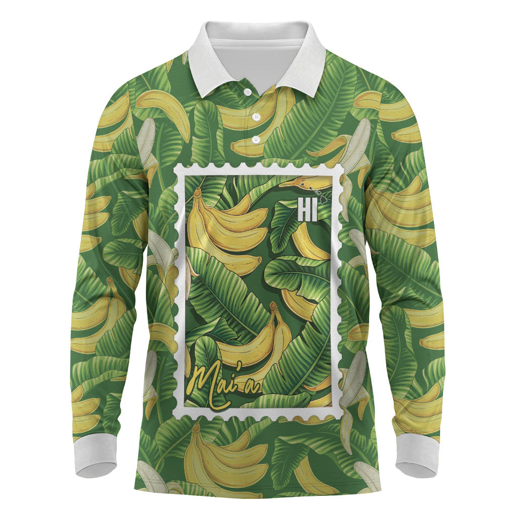 Aloha Hawaii Maia Long Sleeve Polo Shirt Hawaiian Banana Stylized Stamp LT14 Green - Polynesian Pride