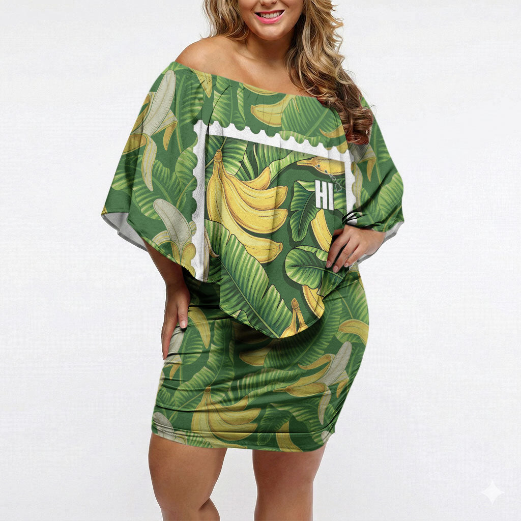 Aloha Hawaii Maia Off Shoulder Short Dress Hawaiian Banana Stylized Stamp LT14 Women Green - Polynesian Pride