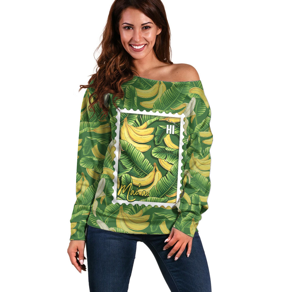 Aloha Hawaii Maia Off Shoulder Sweater Hawaiian Banana Stylized Stamp LT14 Women Green - Polynesian Pride