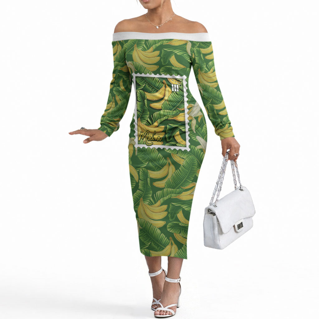 Aloha Hawaii Maia Off The Shoulder Long Sleeve Dress Hawaiian Banana Stylized Stamp