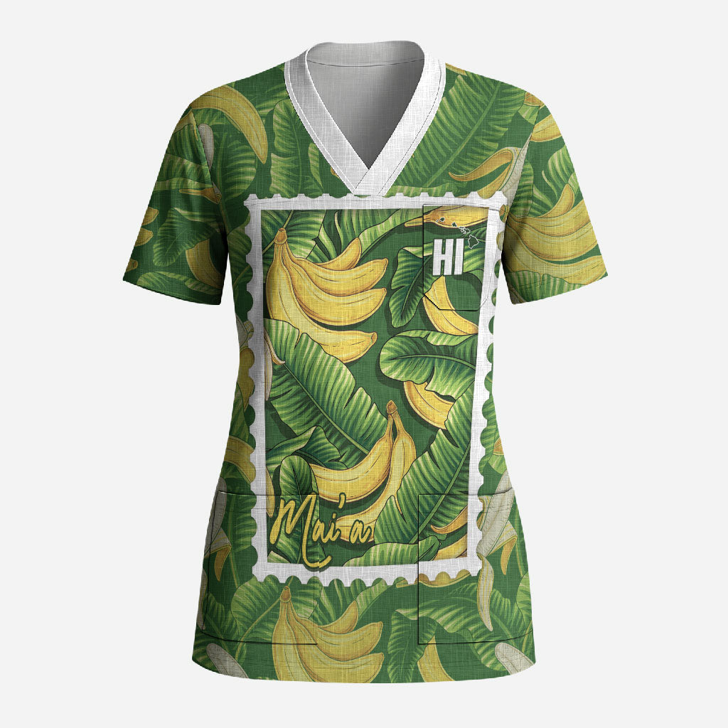 Aloha Hawaii Maia Scrub Top Hawaiian Banana Stylized Stamp LT14 Adult Green - Polynesian Pride
