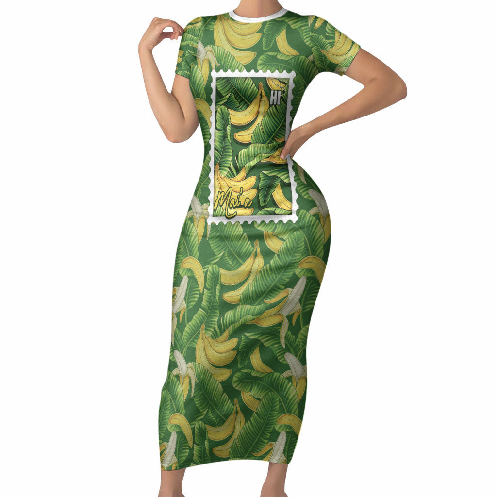 Aloha Hawaii Maia Short Sleeve Bodycon Dress Hawaiian Banana Stylized Stamp LT14 Long Dress Green - Polynesian Pride