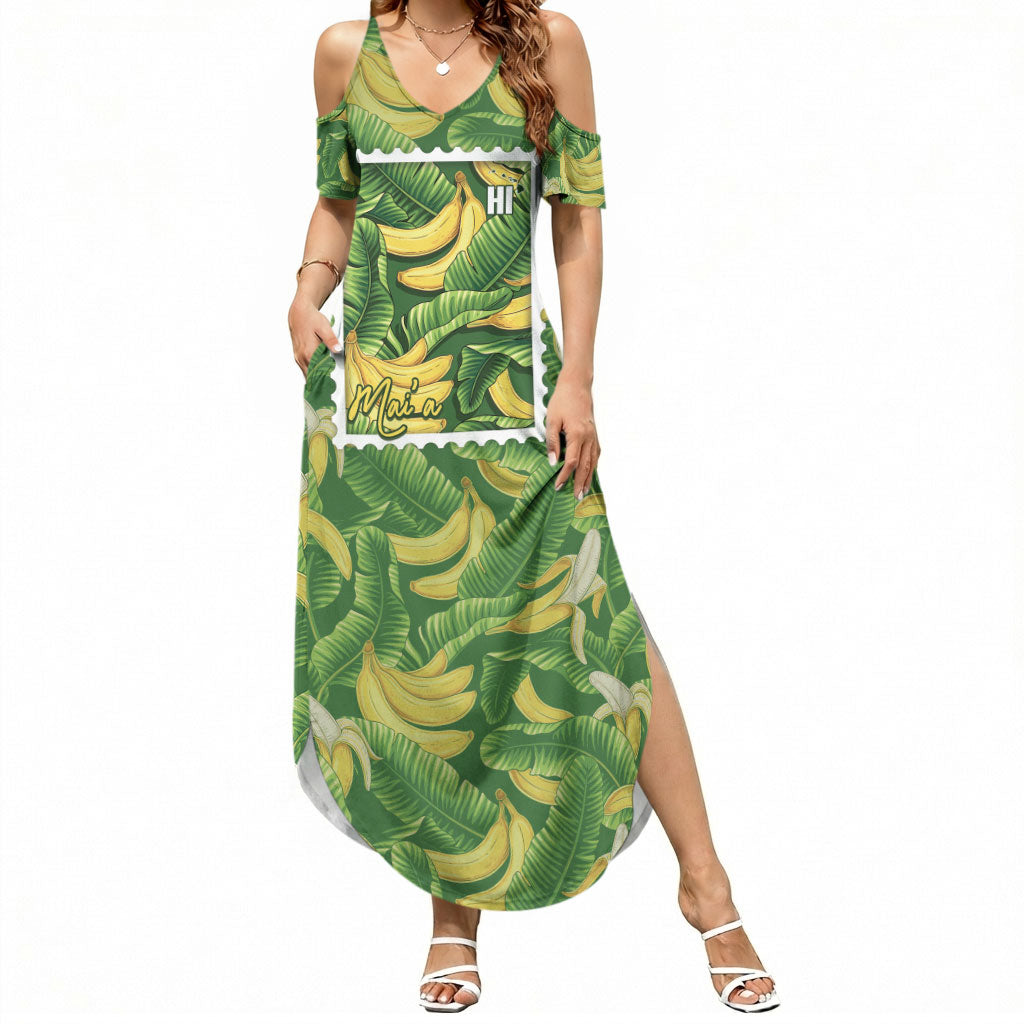 Aloha Hawaii Maia Summer Maxi Dress Hawaiian Banana Stylized Stamp LT14 Women Green - Polynesian Pride