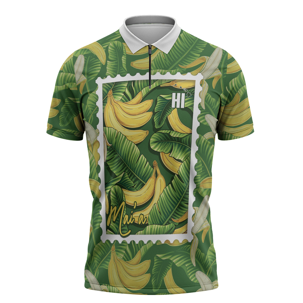 Aloha Hawaii Maia Zipper Polo Shirt Hawaiian Banana Stylized Stamp LT14 Green - Polynesian Pride