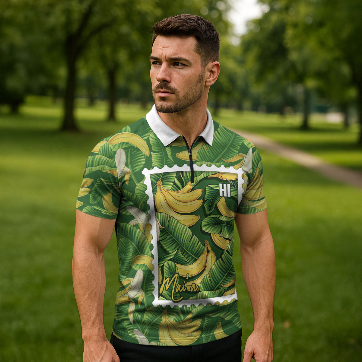 Aloha Hawaii Maia Zipper Polo Shirt Hawaiian Banana Stylized Stamp LT14 - Polynesian Pride