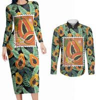 Aloha Hawaii Mikana Couples Matching Long Sleeve Bodycon Dress and Long Sleeve Button Shirt Hawaiian Papaya Stylized Stamp LT14 Green - Polynesian Pride