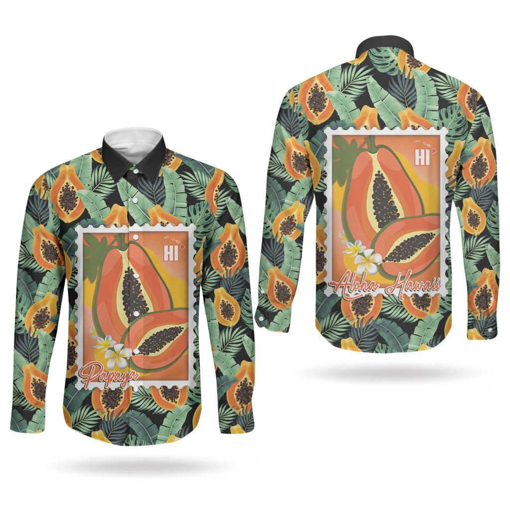 Aloha Hawaii Mikana Couples Matching Mermaid Dress and Long Sleeve Button Shirt Hawaiian Papaya Stylized Stamp LT14 - Polynesian Pride