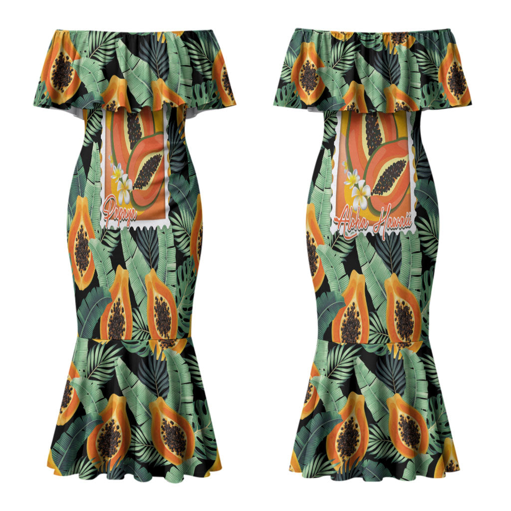 Aloha Hawaii Mikana Couples Matching Mermaid Dress and Long Sleeve Button Shirt Hawaiian Papaya Stylized Stamp LT14 - Polynesian Pride