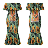 Aloha Hawaii Mikana Couples Matching Mermaid Dress and Long Sleeve Button Shirt Hawaiian Papaya Stylized Stamp LT14 - Polynesian Pride