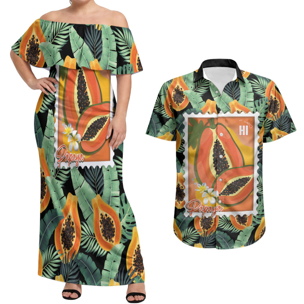 Aloha Hawaii Mikana Couples Matching Off Shoulder Maxi Dress and Hawaiian Shirt Hawaiian Papaya Stylized Stamp LT14 Green - Polynesian Pride