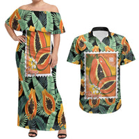 Aloha Hawaii Mikana Couples Matching Off Shoulder Maxi Dress and Hawaiian Shirt Hawaiian Papaya Stylized Stamp LT14 Green - Polynesian Pride