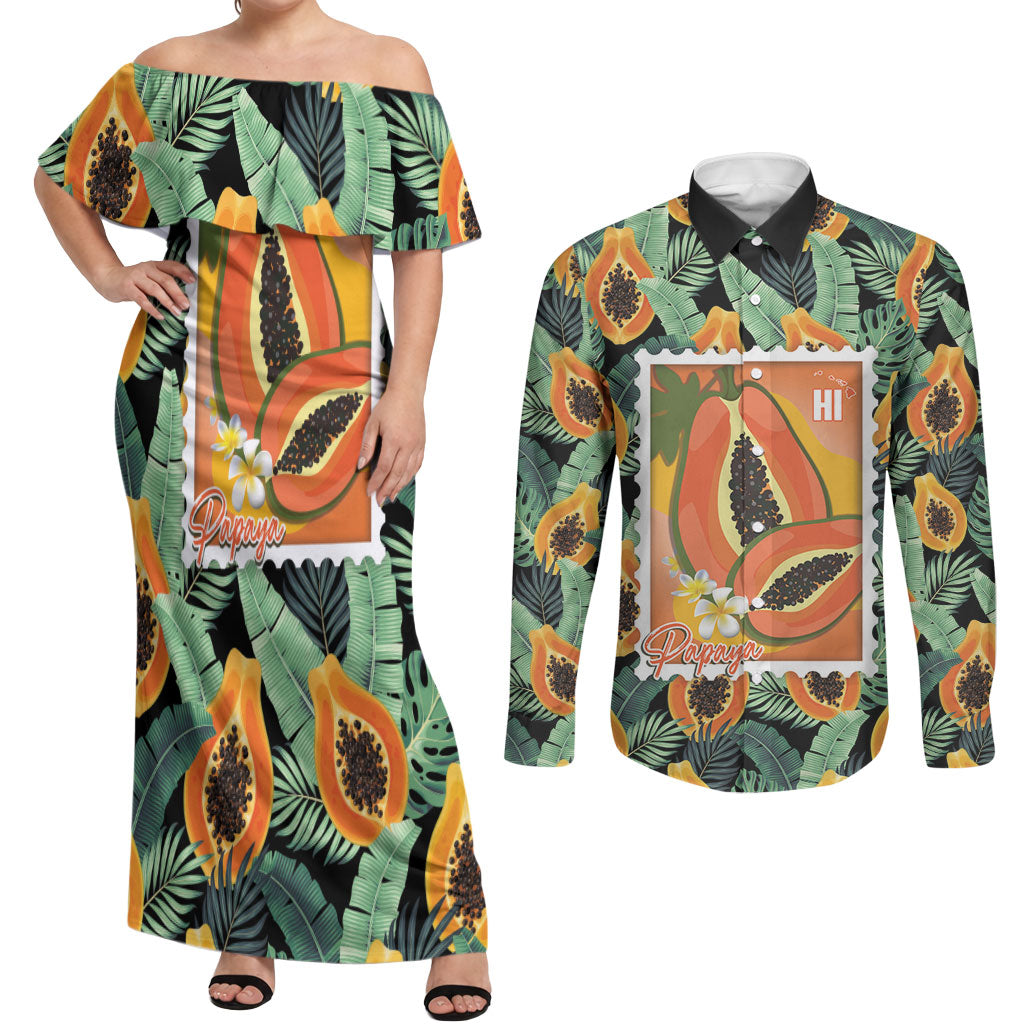 Aloha Hawaii Mikana Couples Matching Off Shoulder Maxi Dress and Long Sleeve Button Shirt Hawaiian Papaya Stylized Stamp LT14 Green - Polynesian Pride
