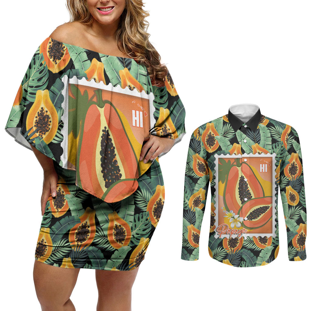 Aloha Hawaii Mikana Couples Matching Off Shoulder Short Dress and Long Sleeve Button Shirt Hawaiian Papaya Stylized Stamp LT14 Green - Polynesian Pride