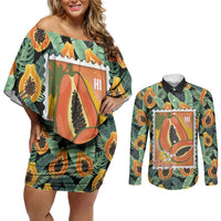 Aloha Hawaii Mikana Couples Matching Off Shoulder Short Dress and Long Sleeve Button Shirt Hawaiian Papaya Stylized Stamp LT14 Green - Polynesian Pride