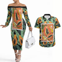 Aloha Hawaii Mikana Couples Matching Off The Shoulder Long Sleeve Dress and Hawaiian Shirt Hawaiian Papaya Stylized Stamp LT14 Green - Polynesian Pride