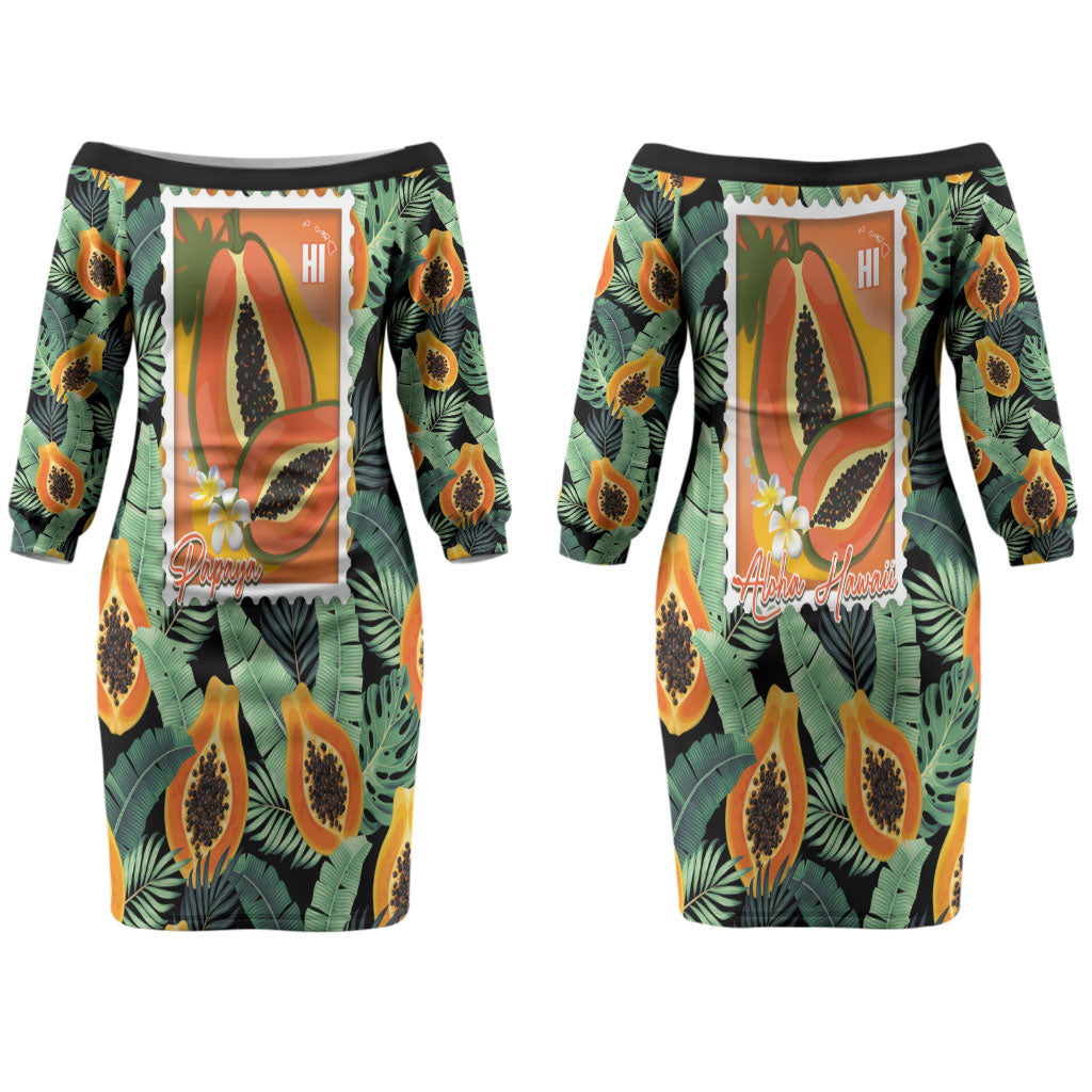 Aloha Hawaii Mikana Couples Matching Off The Shoulder Long Sleeve Dress and Hawaiian Shirt Hawaiian Papaya Stylized Stamp LT14 - Polynesian Pride