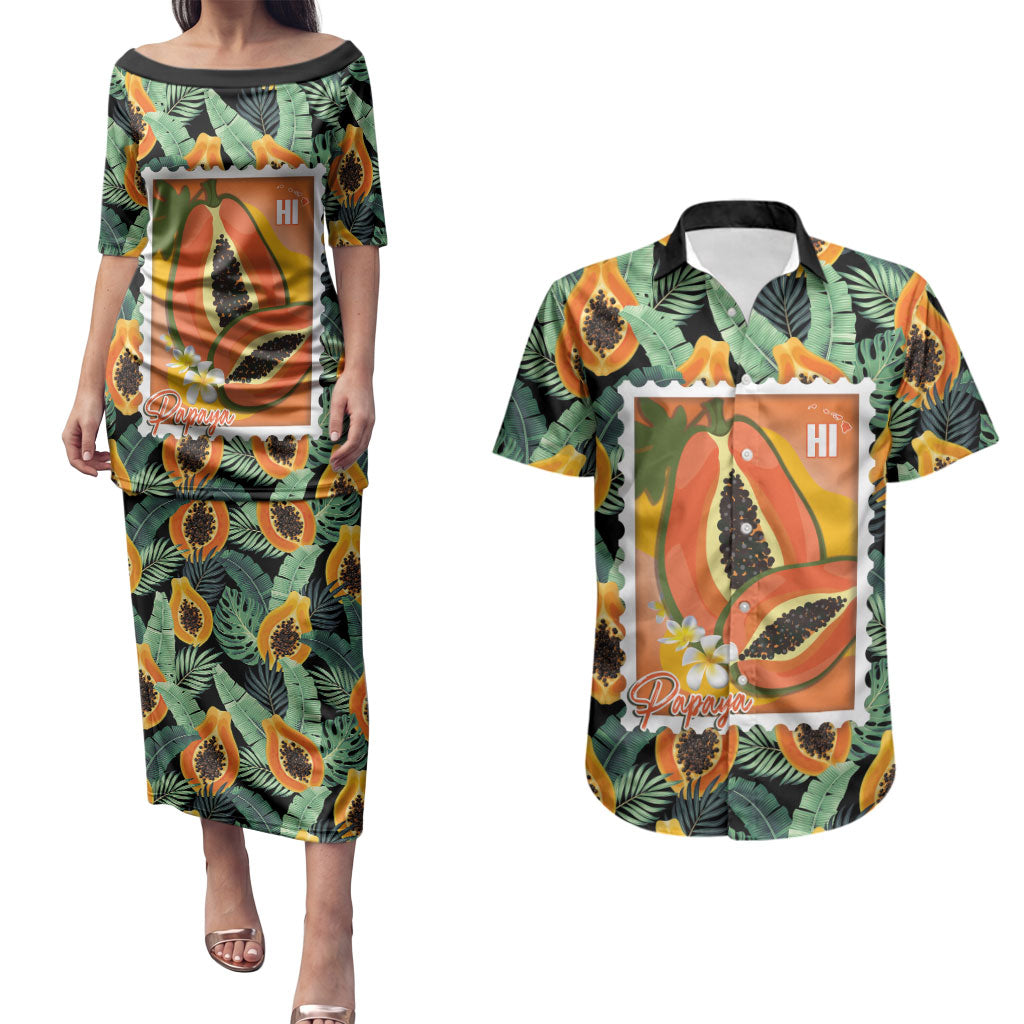 Aloha Hawaii Mikana Couples Matching Puletasi and Hawaiian Shirt Hawaiian Papaya Stylized Stamp LT14 Green - Polynesian Pride