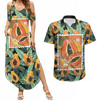 Aloha Hawaii Mikana Couples Matching Summer Maxi Dress and Hawaiian Shirt Hawaiian Papaya Stylized Stamp LT14 Green - Polynesian Pride