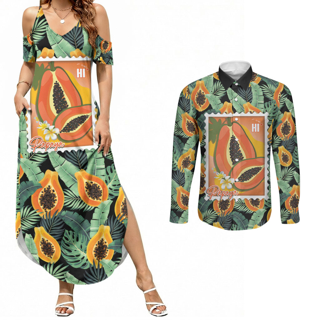 Aloha Hawaii Mikana Couples Matching Summer Maxi Dress and Long Sleeve Button Shirt Hawaiian Papaya Stylized Stamp LT14 Green - Polynesian Pride
