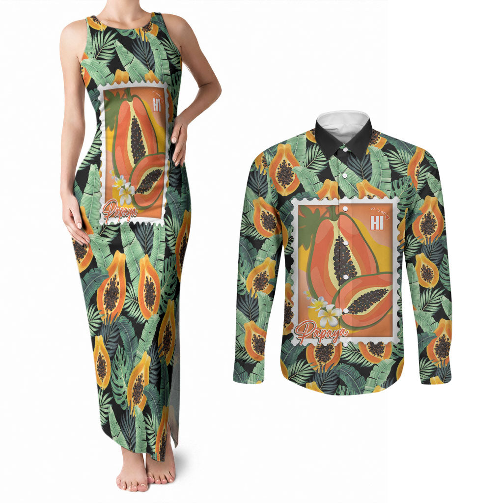 Aloha Hawaii Mikana Couples Matching Tank Maxi Dress and Long Sleeve Button Shirt Hawaiian Papaya Stylized Stamp LT14 Green - Polynesian Pride