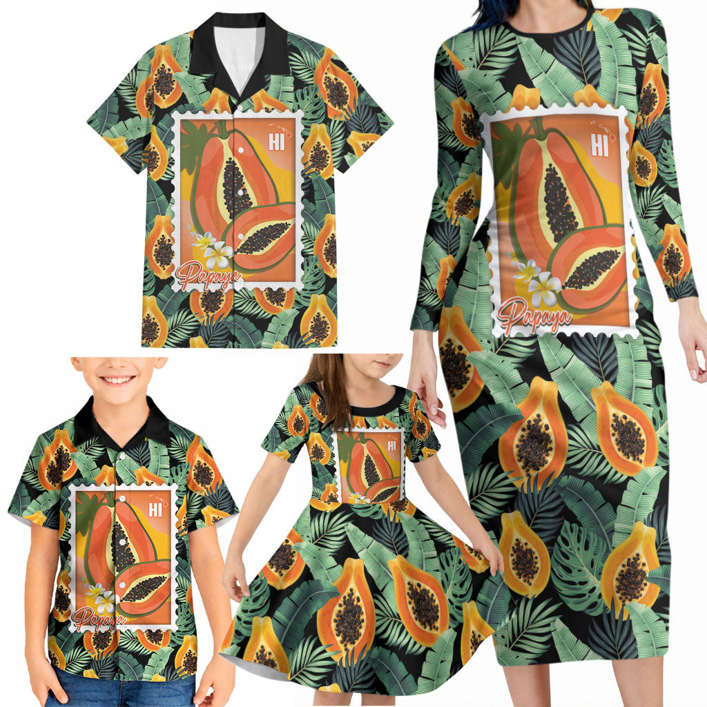 Aloha Hawaii Mikana Family Matching Long Sleeve Bodycon Dress and Hawaiian Shirt Hawaiian Papaya Stylized Stamp LT14 - Polynesian Pride