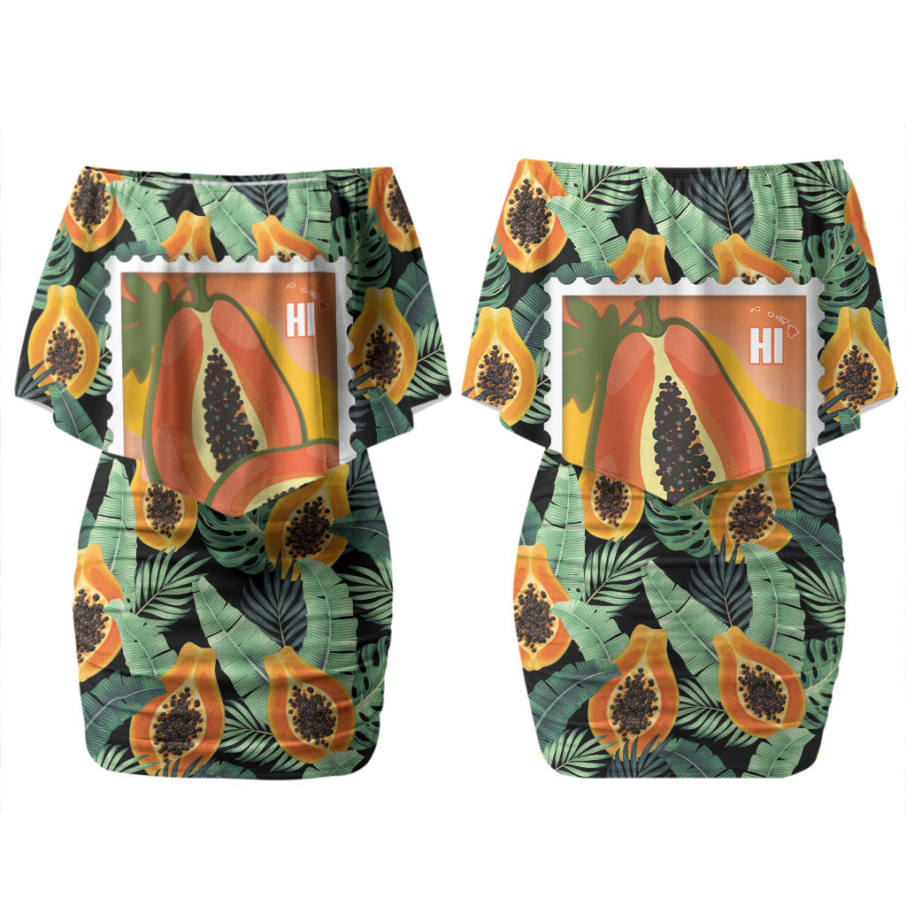 Aloha Hawaii Mikana Family Matching Off Shoulder Short Dress and Hawaiian Shirt Hawaiian Papaya Stylized Stamp LT14 Mom's Dress Green - Polynesian Pride