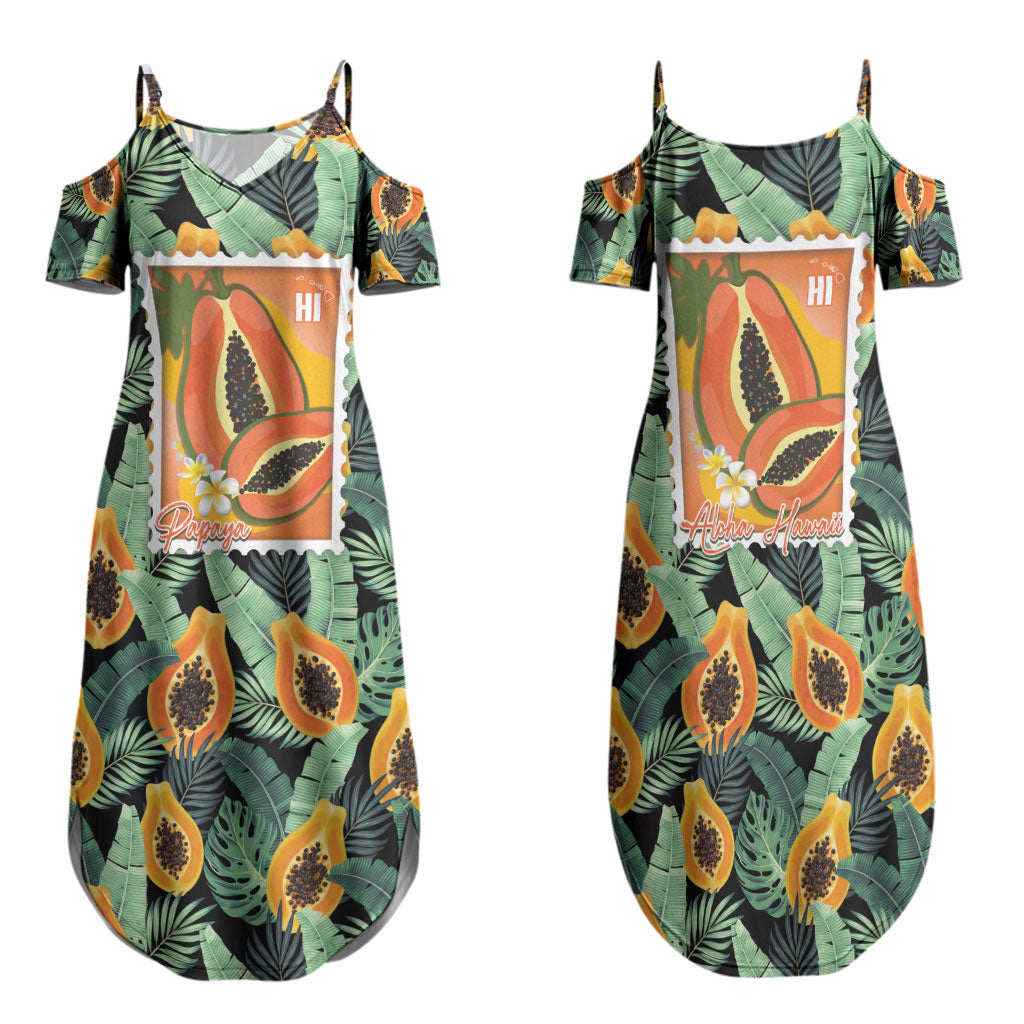 Aloha Hawaii Mikana Family Matching Summer Maxi Dress and Hawaiian Shirt Hawaiian Papaya Stylized Stamp LT14 Mom's Dress Green - Polynesian Pride