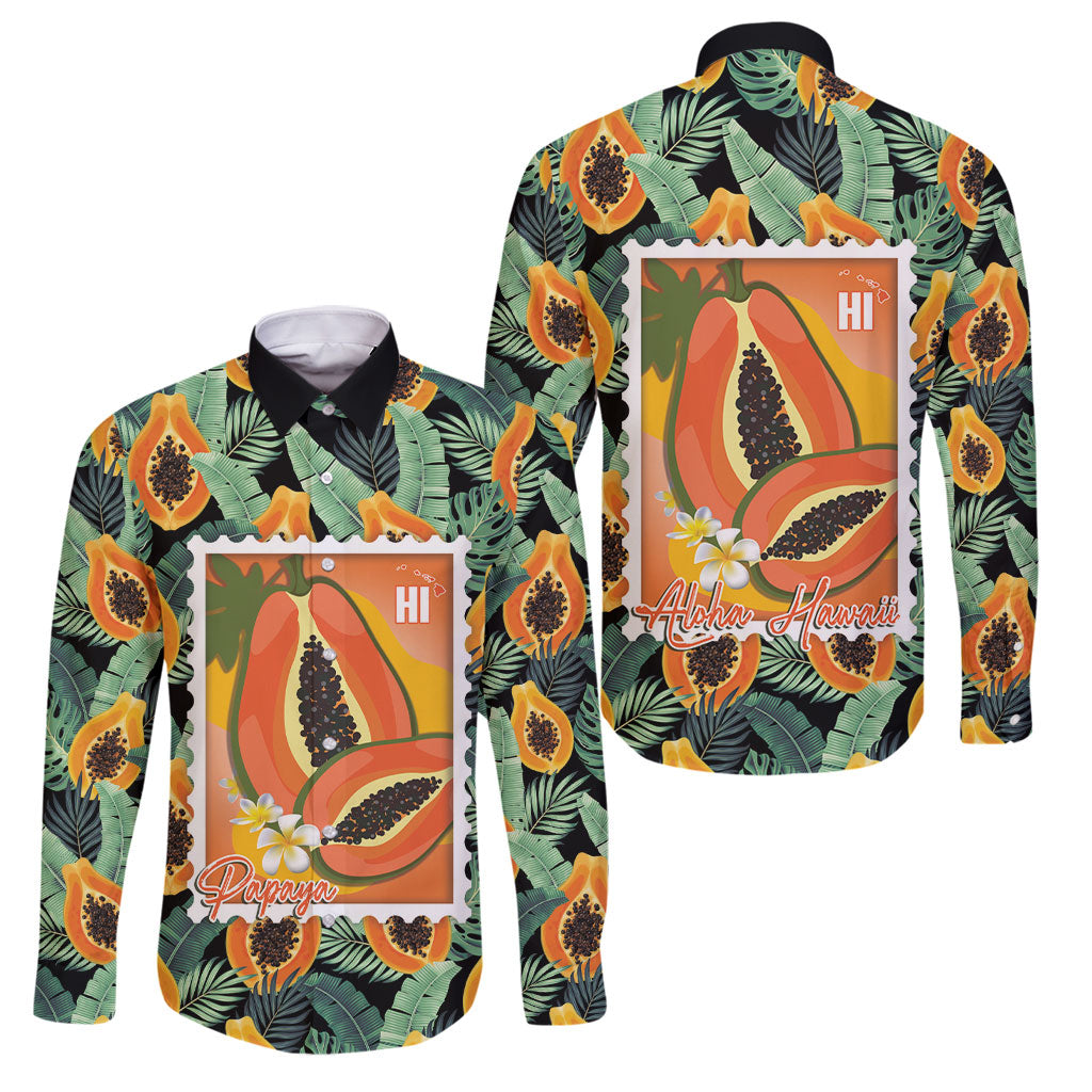 Aloha Hawaii Mikana Family Matching Summer Maxi Dress and Hawaiian Shirt Hawaiian Papaya Stylized Stamp LT14 Dad's Shirt - Long Sleeve Green - Polynesian Pride