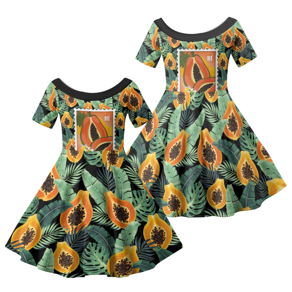 Aloha Hawaii Mikana Family Matching Summer Maxi Dress and Hawaiian Shirt Hawaiian Papaya Stylized Stamp LT14 Daughter's Dress Green - Polynesian Pride
