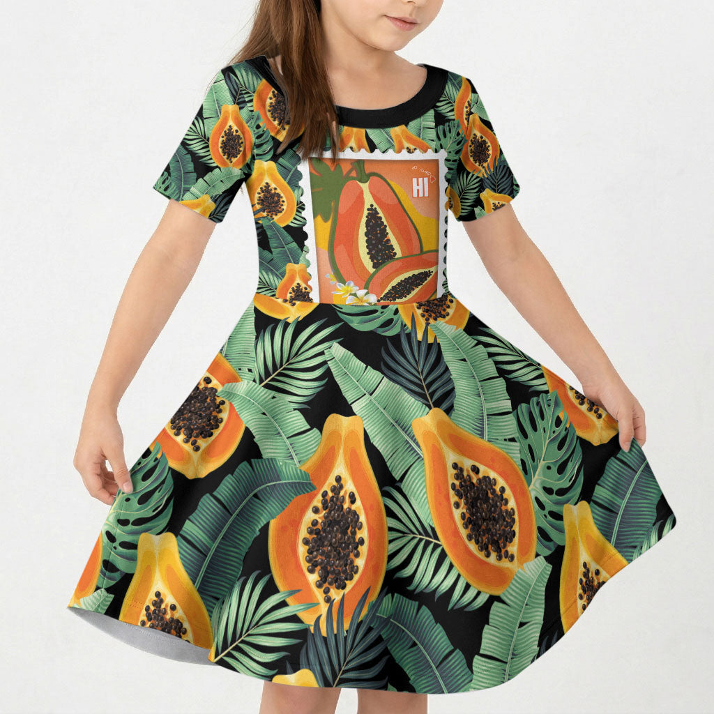 Aloha Hawaii Mikana Kid Short Sleeve Dress Hawaiian Papaya Stylized Stamp LT14 KID Green - Polynesian Pride