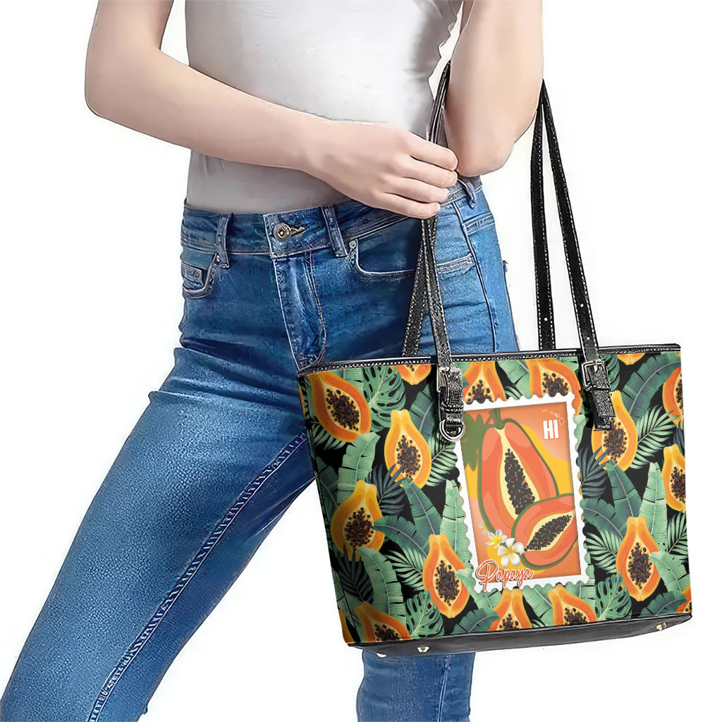 Aloha Hawaii Mikana Leather Tote Bag Hawaiian Papaya Stylized Stamp LT14 - Polynesian Pride