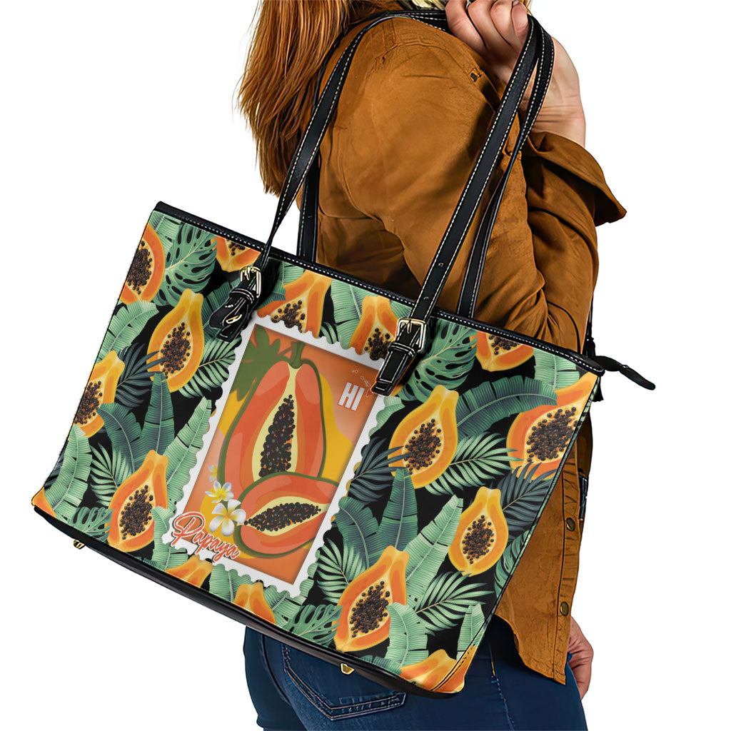 Aloha Hawaii Mikana Leather Tote Bag Hawaiian Papaya Stylized Stamp LT14 - Polynesian Pride