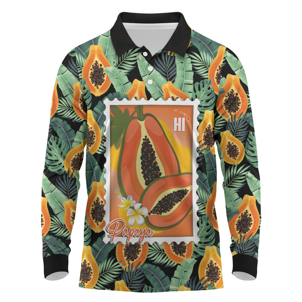 Aloha Hawaii Mikana Long Sleeve Polo Shirt Hawaiian Papaya Stylized Stamp LT14 Green - Polynesian Pride