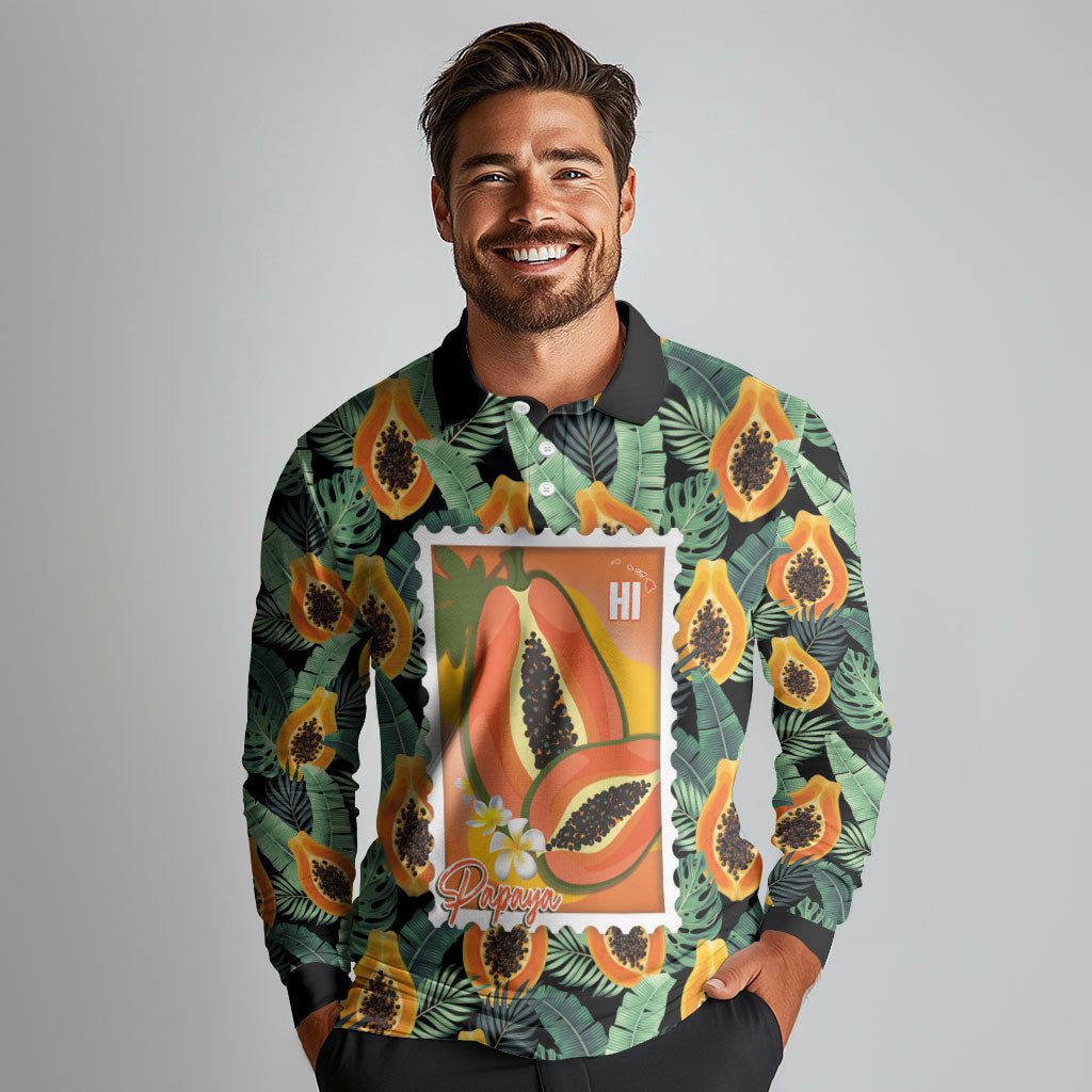 Aloha Hawaii Mikana Long Sleeve Polo Shirt Hawaiian Papaya Stylized Stamp LT14 - Polynesian Pride
