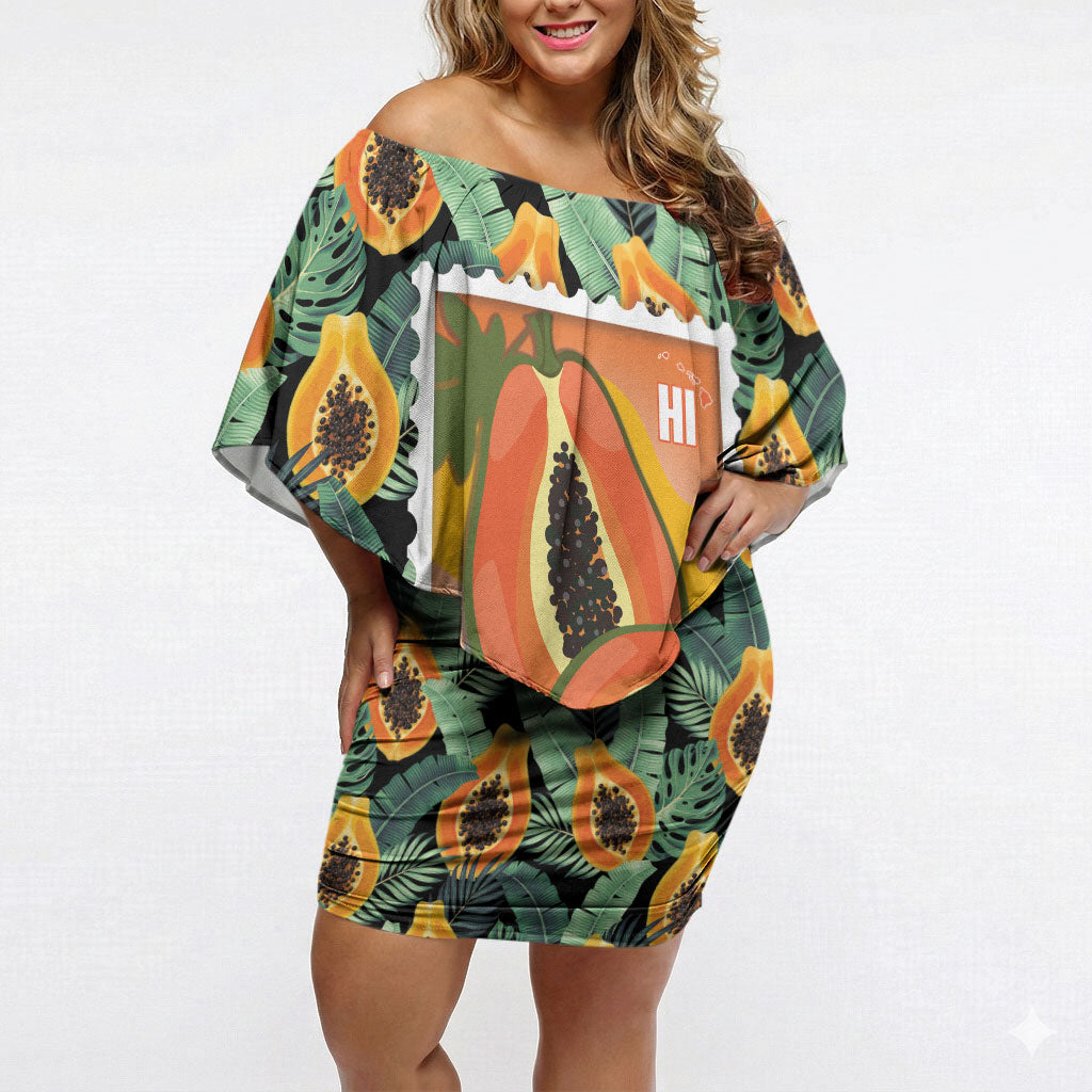 Aloha Hawaii Mikana Off Shoulder Short Dress Hawaiian Papaya Stylized Stamp LT14 Women Green - Polynesian Pride