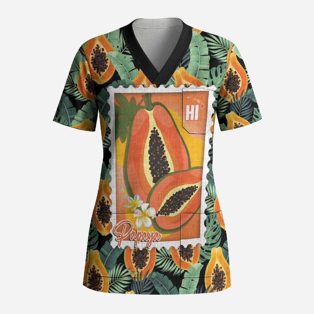 Aloha Hawaii Mikana Scrub Top Hawaiian Papaya Stylized Stamp LT14 Adult Green - Polynesian Pride