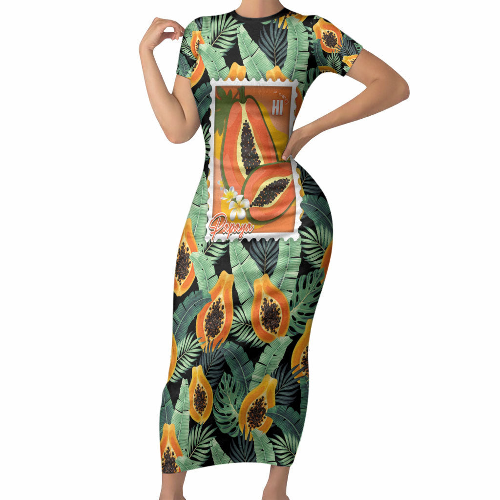 Aloha Hawaii Mikana Short Sleeve Bodycon Dress Hawaiian Papaya Stylized Stamp LT14 Long Dress Green - Polynesian Pride