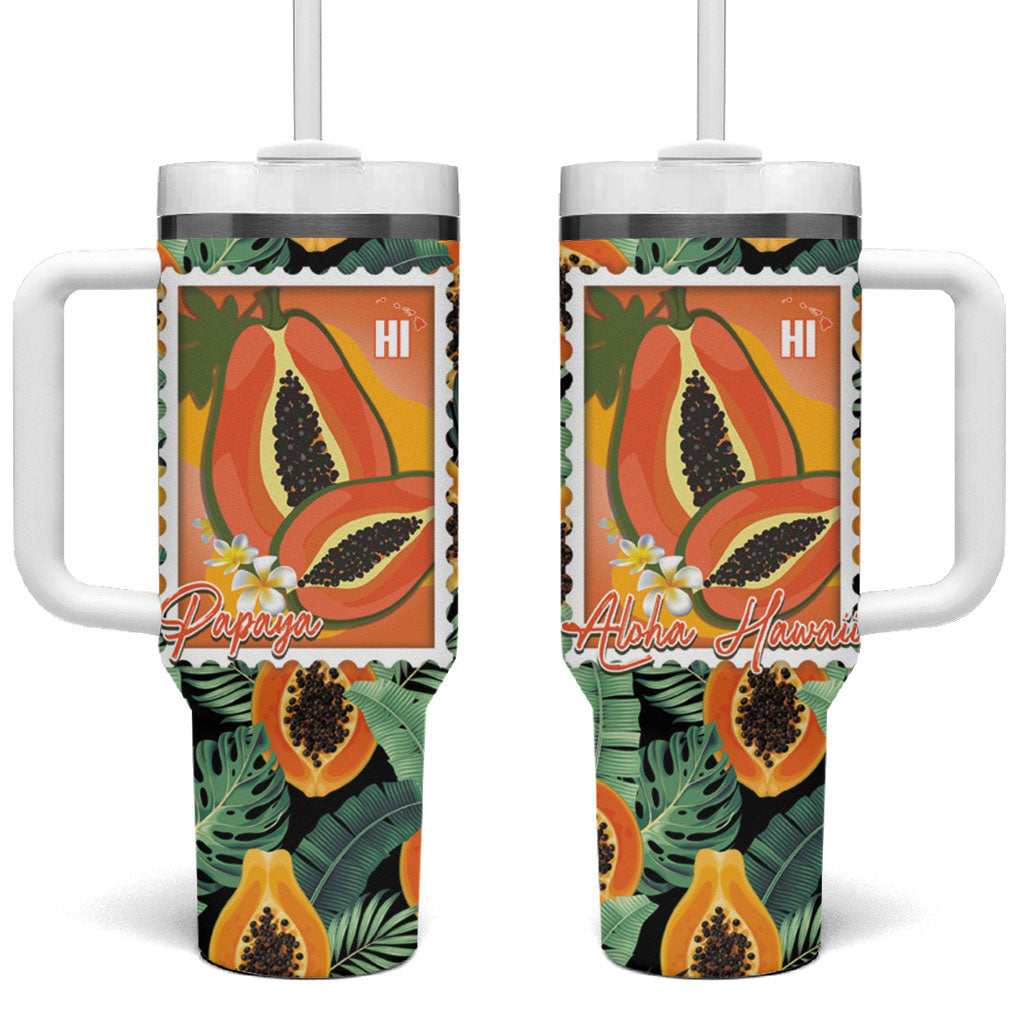 Aloha Hawaii Mikana Tumbler With Handle Hawaiian Papaya Stylized Stamp LT14 One Size: 40 oz Green - Polynesian Pride