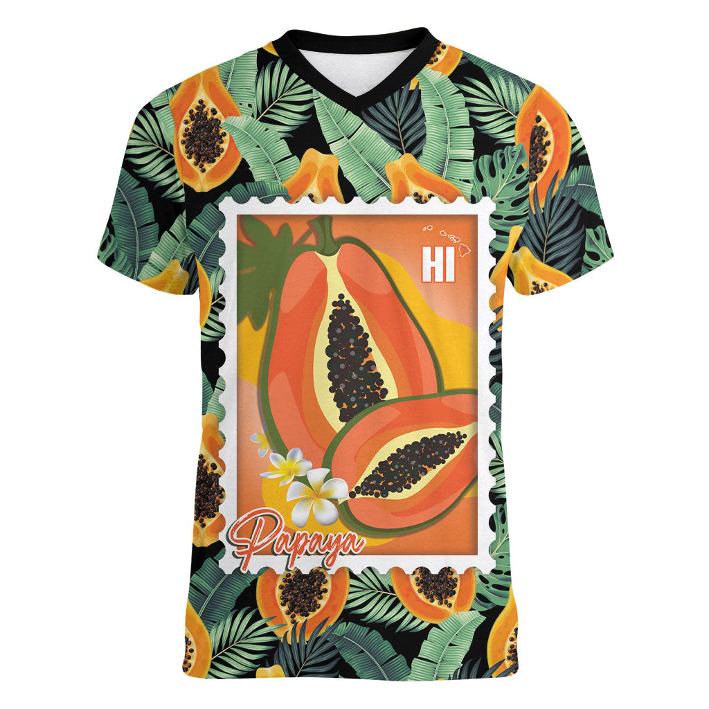 Aloha Hawaii Mikana Women V-Neck T-Shirt Hawaiian Papaya Stylized Stamp LT14 Female Green - Polynesian Pride